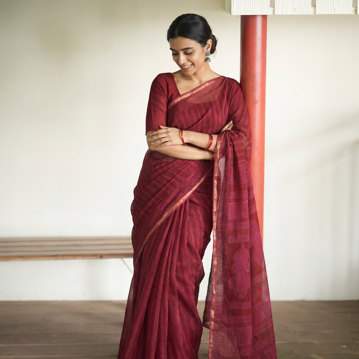 Pink Natural Dyed Kota Doria Cotton Hand Block Bagh Print Saree, draped and worn by a woman, AI visual of the saree, iTokri