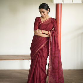 Pink Natural Dyed Kota Doria Cotton Hand Block Bagh Print Saree, draped and worn by a woman, AI visual of the saree, iTokri