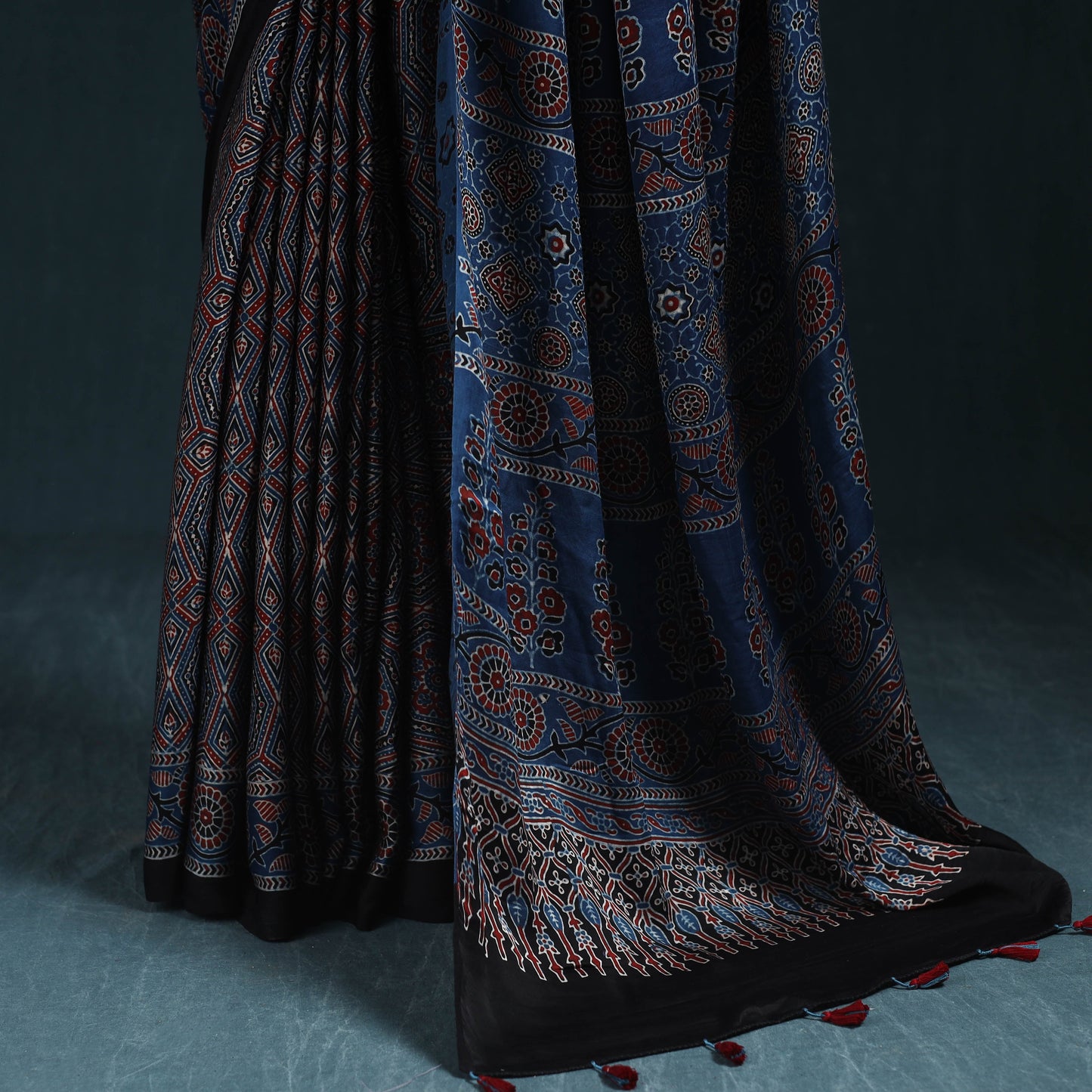 Natural dyed modal silk kutch hand block print ajrakh saree