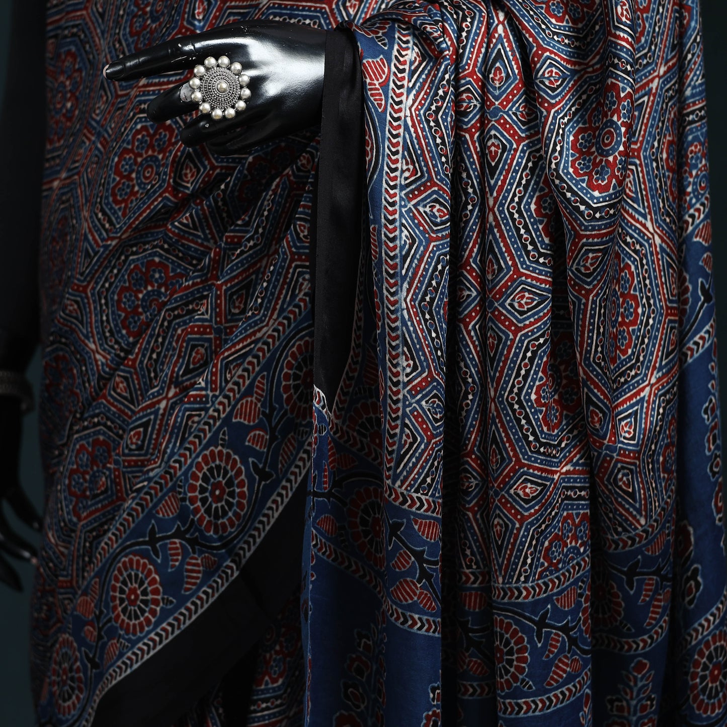 Natural dyed modal silk kutch hand block print ajrakh saree