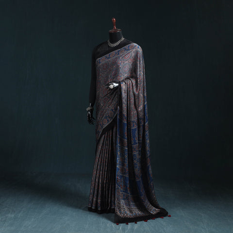 Natural dyed modal silk kutch hand block print ajrakh saree