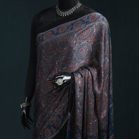 Natural dyed modal silk kutch hand block print ajrakh saree