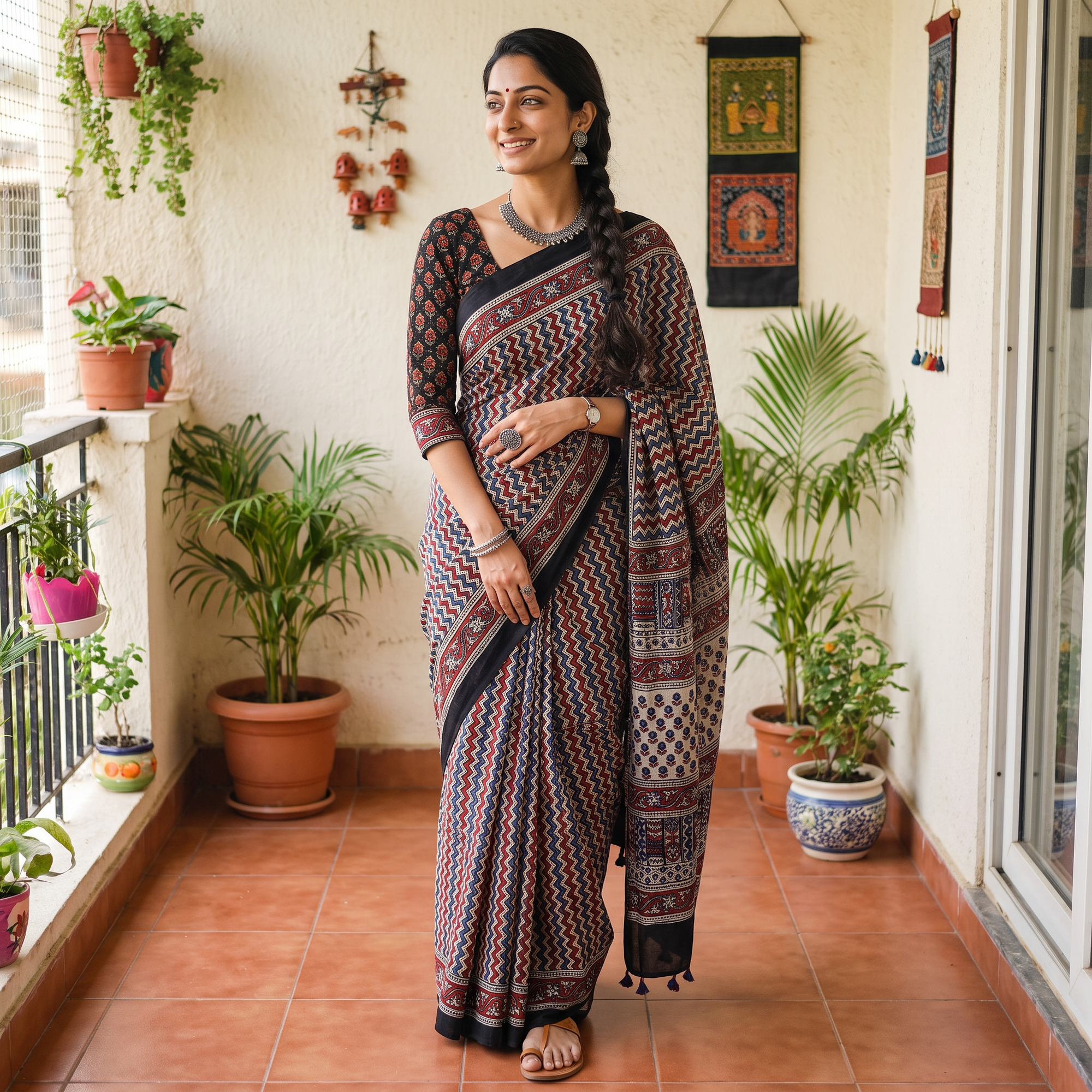Multicolor Natural Dyed Modal Silk Kutch Hand Block Print Ajrakh Saree, draped and worn by a woman, AI visual of the saree, iTokri