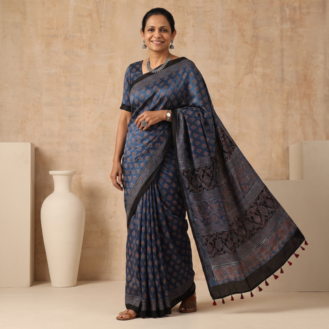 Blue Natural Dyed Modal Silk Kutch Hand Block Print Ajrakh Saree, draped and worn by a woman, AI visual of the saree, iTokri