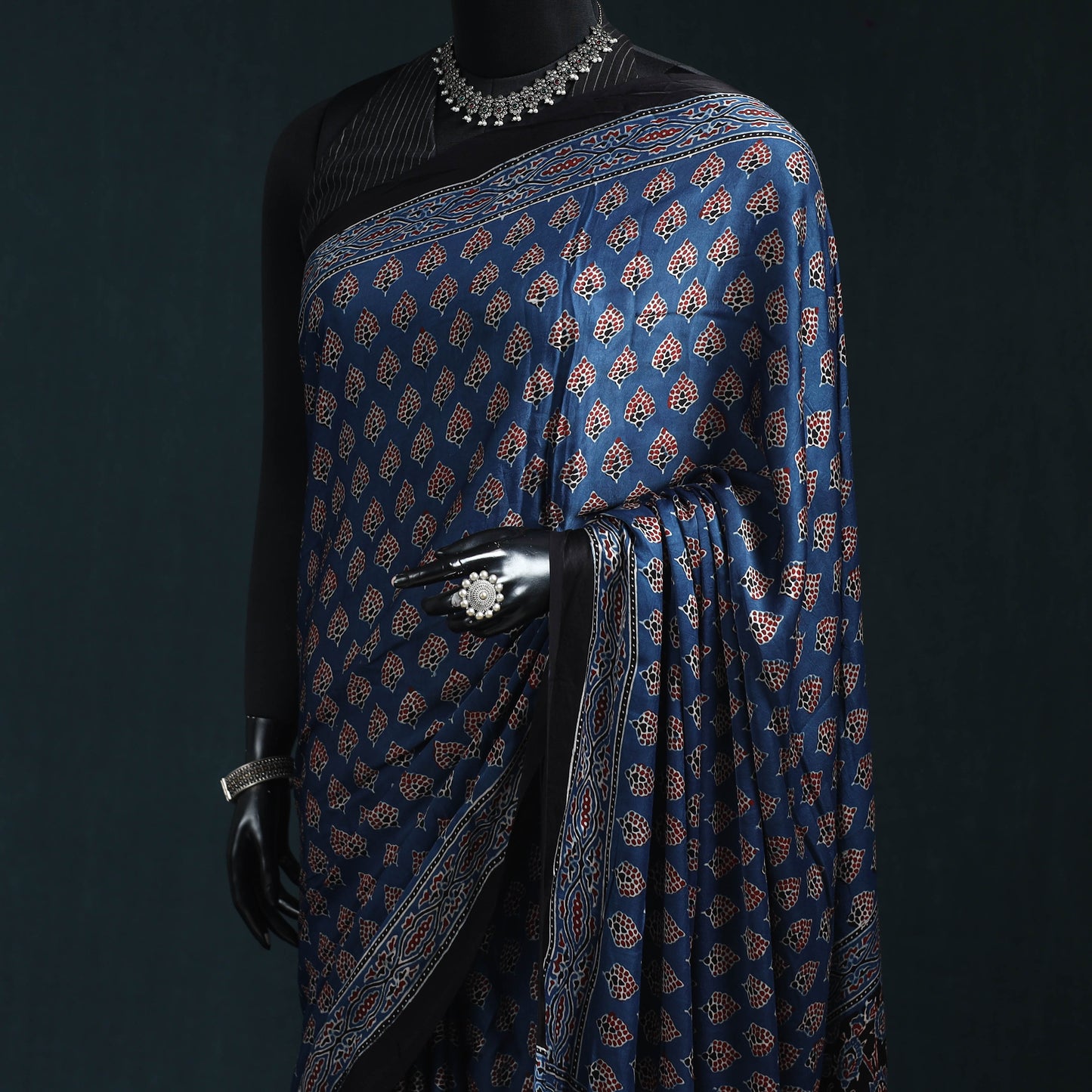 Natural dyed modal silk kutch hand block print ajrakh saree