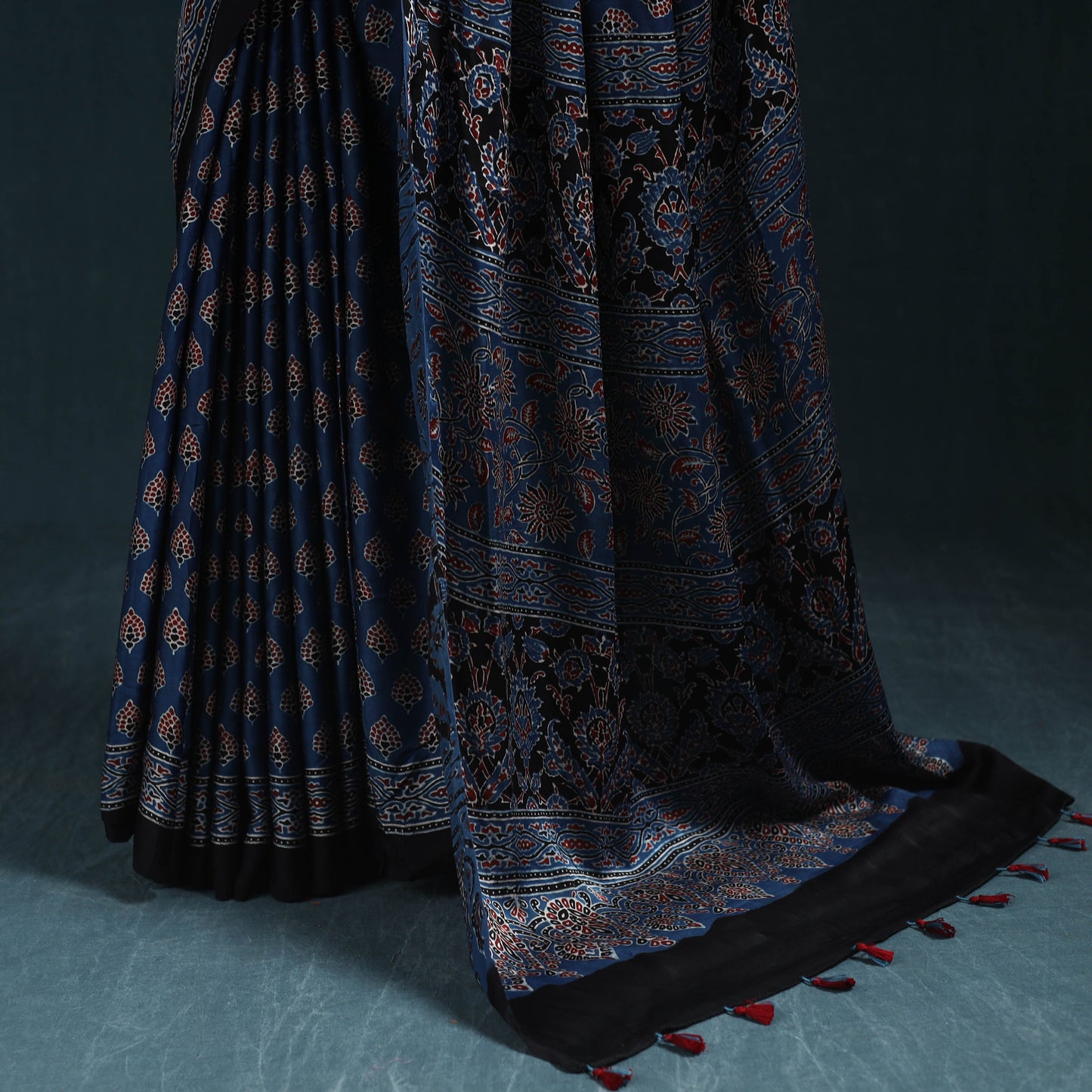 Natural dyed modal silk kutch hand block print ajrakh saree