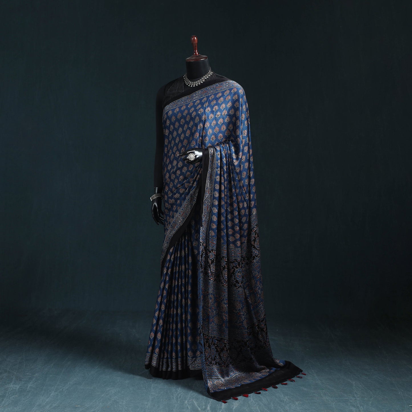 Natural dyed modal silk kutch hand block print ajrakh saree