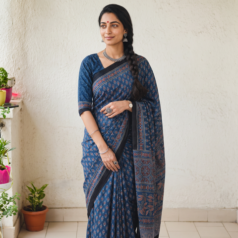Blue Natural Dyed Modal Silk Kutch Hand Block Print Ajrakh Saree, draped and worn by a woman, AI visual of the saree, iTokri