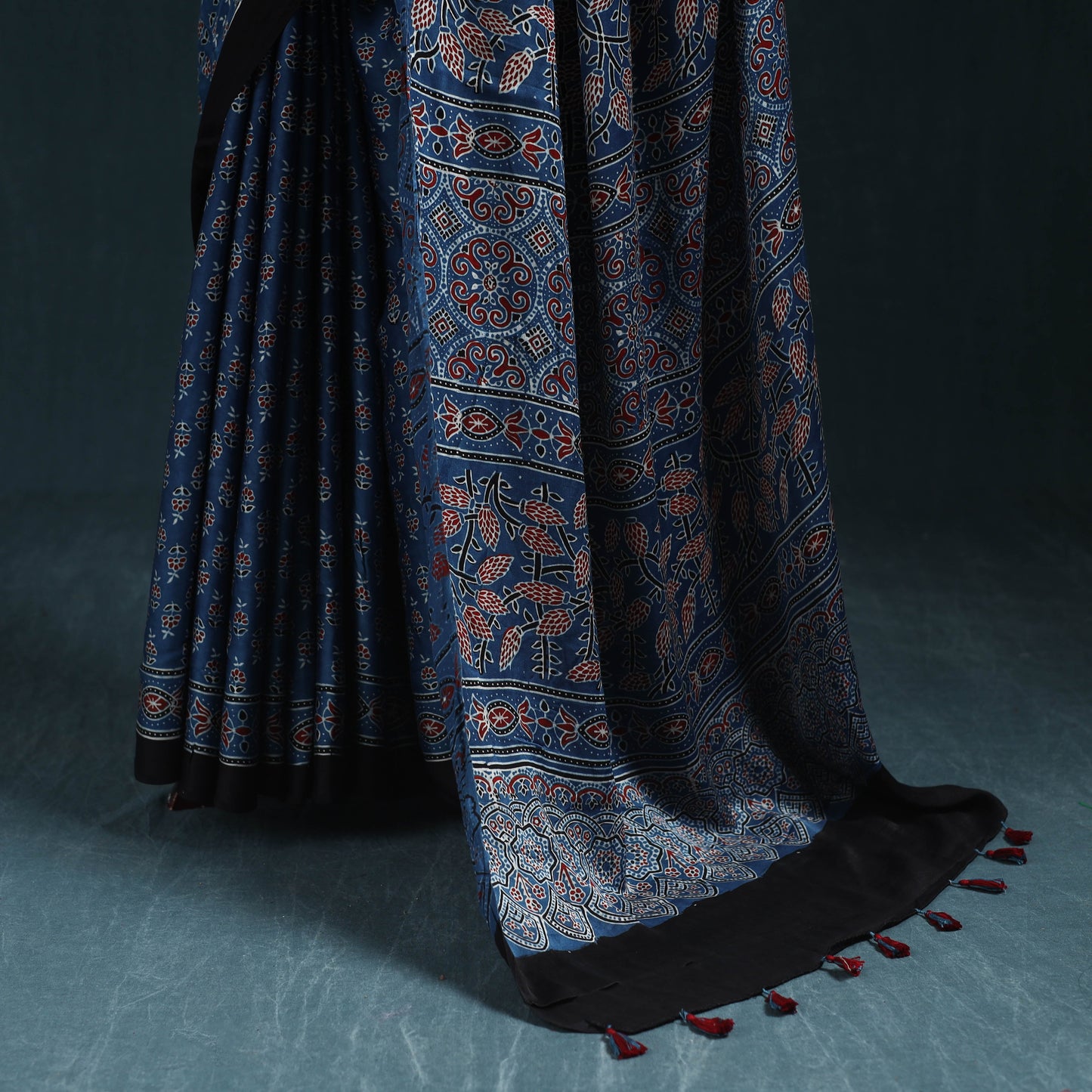 Natural dyed modal silk kutch hand block print ajrakh saree