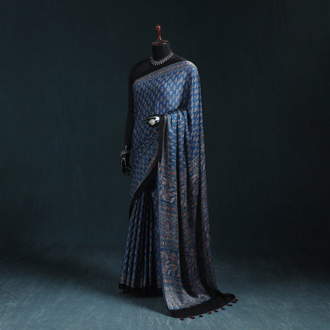 Natural dyed modal silk kutch hand block print ajrakh saree