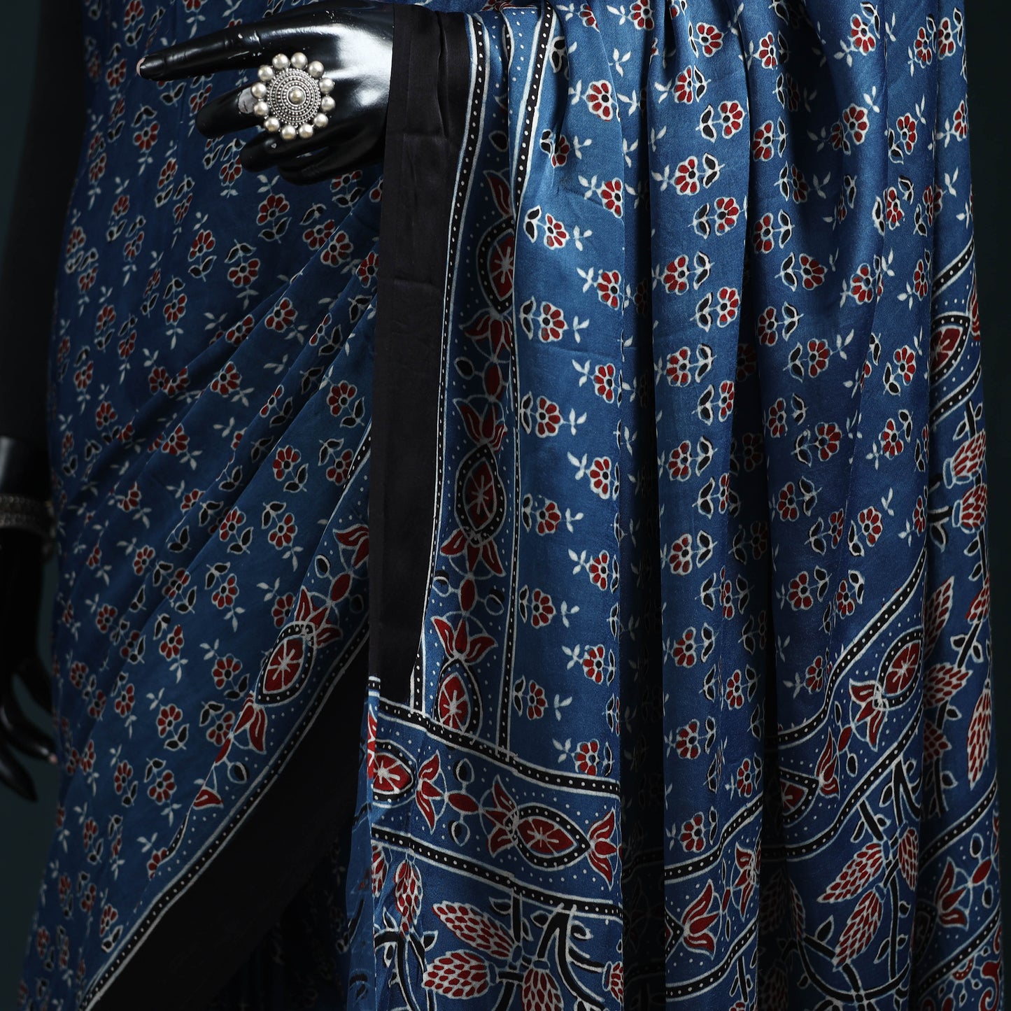 Natural dyed modal silk kutch hand block print ajrakh saree