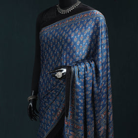 Natural dyed modal silk kutch hand block print ajrakh saree