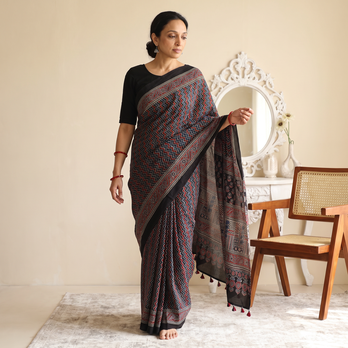 Multicolor Natural Dyed Modal Silk Kutch Hand Block Print Ajrakh Saree, draped and worn by a woman, AI visual of the saree, iTokri
