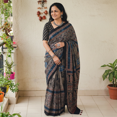 Black Natural Dyed Modal Silk Kutch Hand Block Print Ajrakh Saree, draped and worn by a woman, AI visual of the saree, iTokri