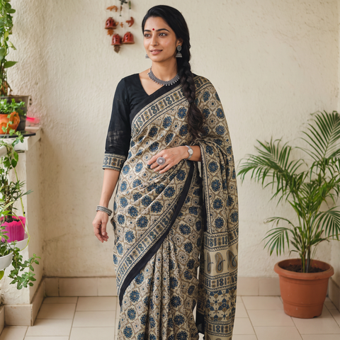 Beige Natural Dyed Modal Silk Kutch Hand Block Print Ajrakh Saree, draped and worn by a woman, AI visual of the saree, iTokri