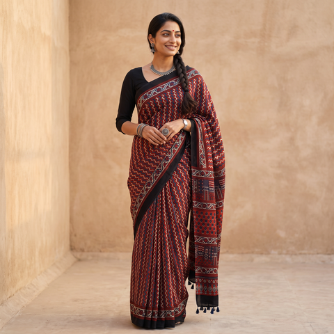 Red Natural Dyed Modal Silk Kutch Hand Block Print Ajrakh Saree, draped and worn by a woman, AI visual of the saree, iTokri