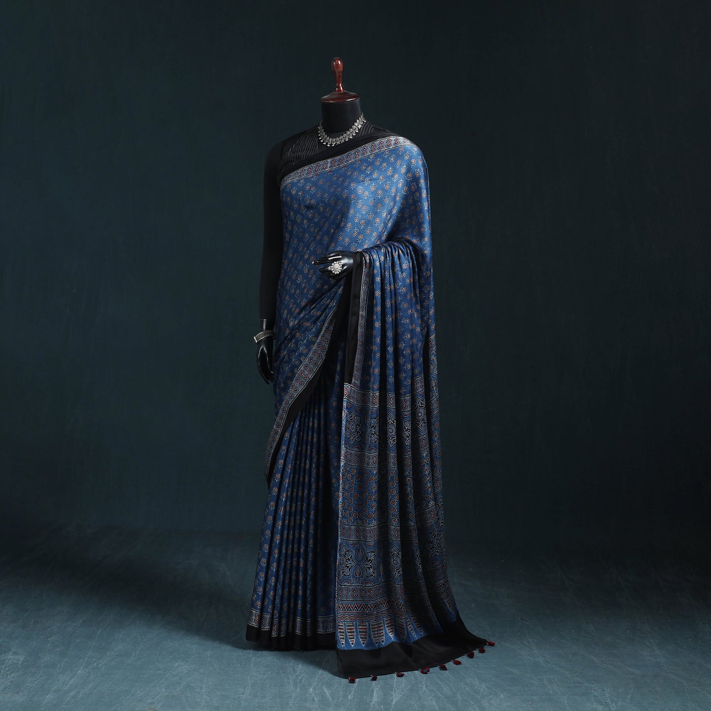 Natural dyed modal silk kutch hand block print ajrakh saree