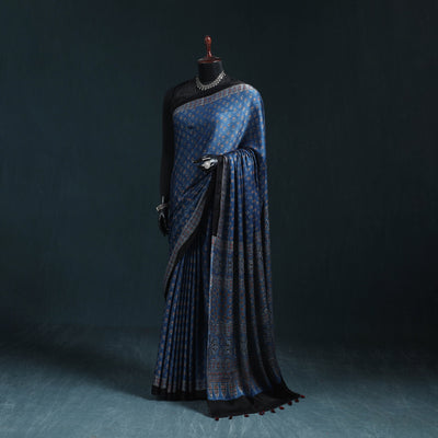 Natural dyed modal silk kutch hand block print ajrakh saree