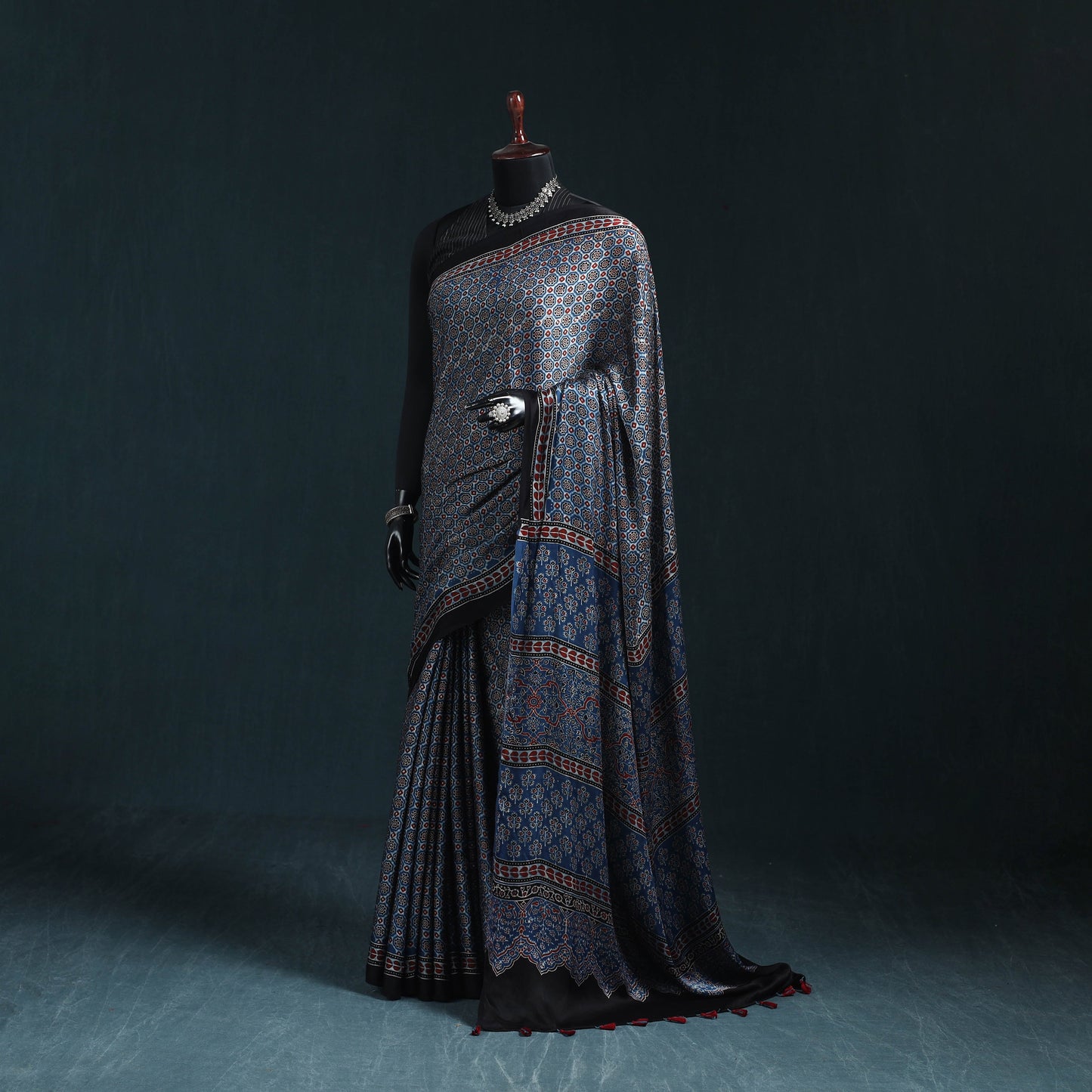 Natural dyed modal silk kutch hand block print ajrakh saree