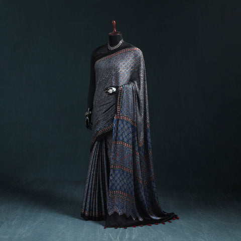 Natural dyed modal silk kutch hand block print ajrakh saree