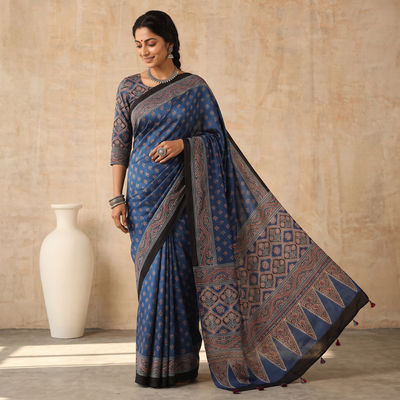 Blue Natural Dyed Modal Silk Kutch Hand Block Print Ajrakh Saree, draped and worn by a woman, AI visual of the saree, iTokri