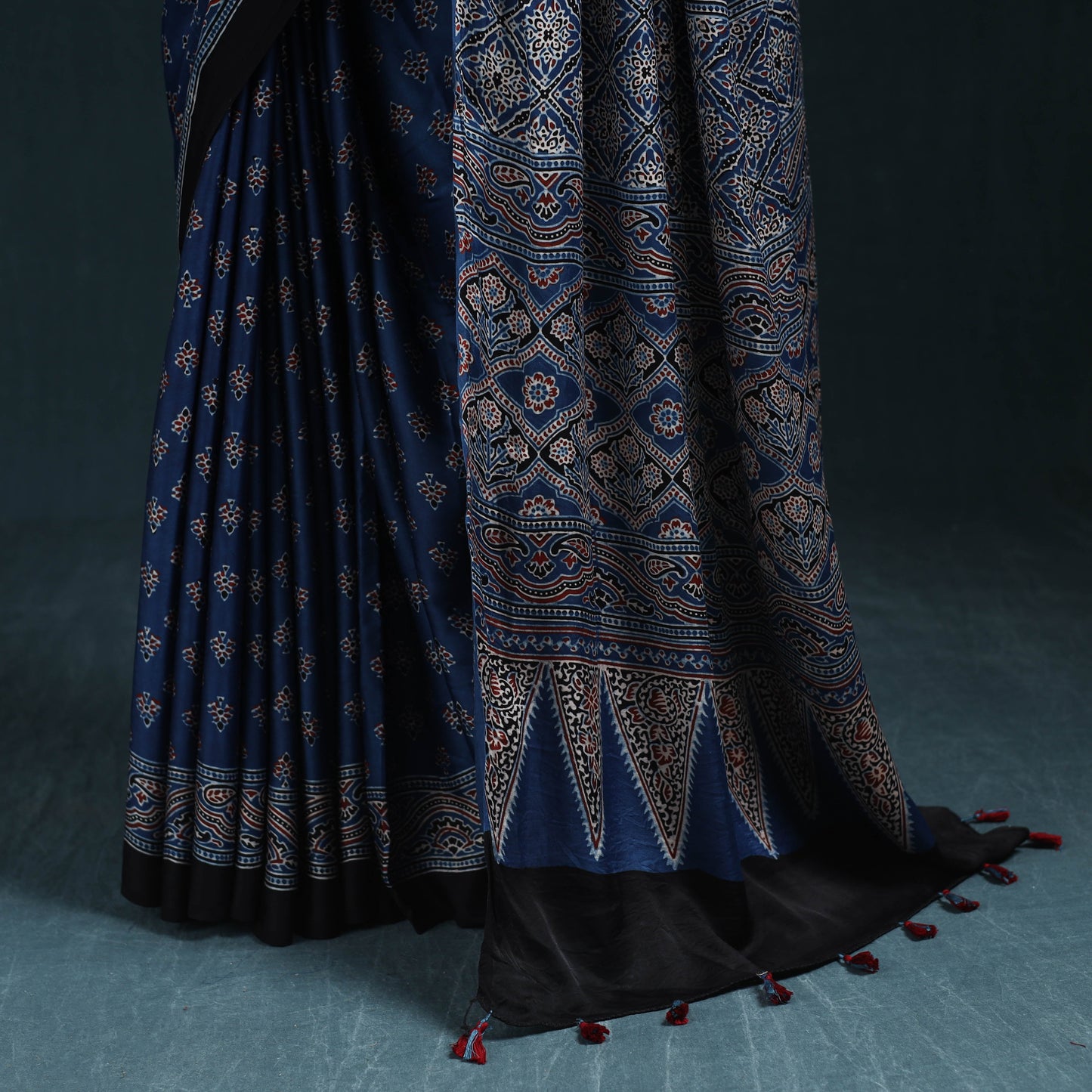 Natural dyed modal silk kutch hand block print ajrakh saree