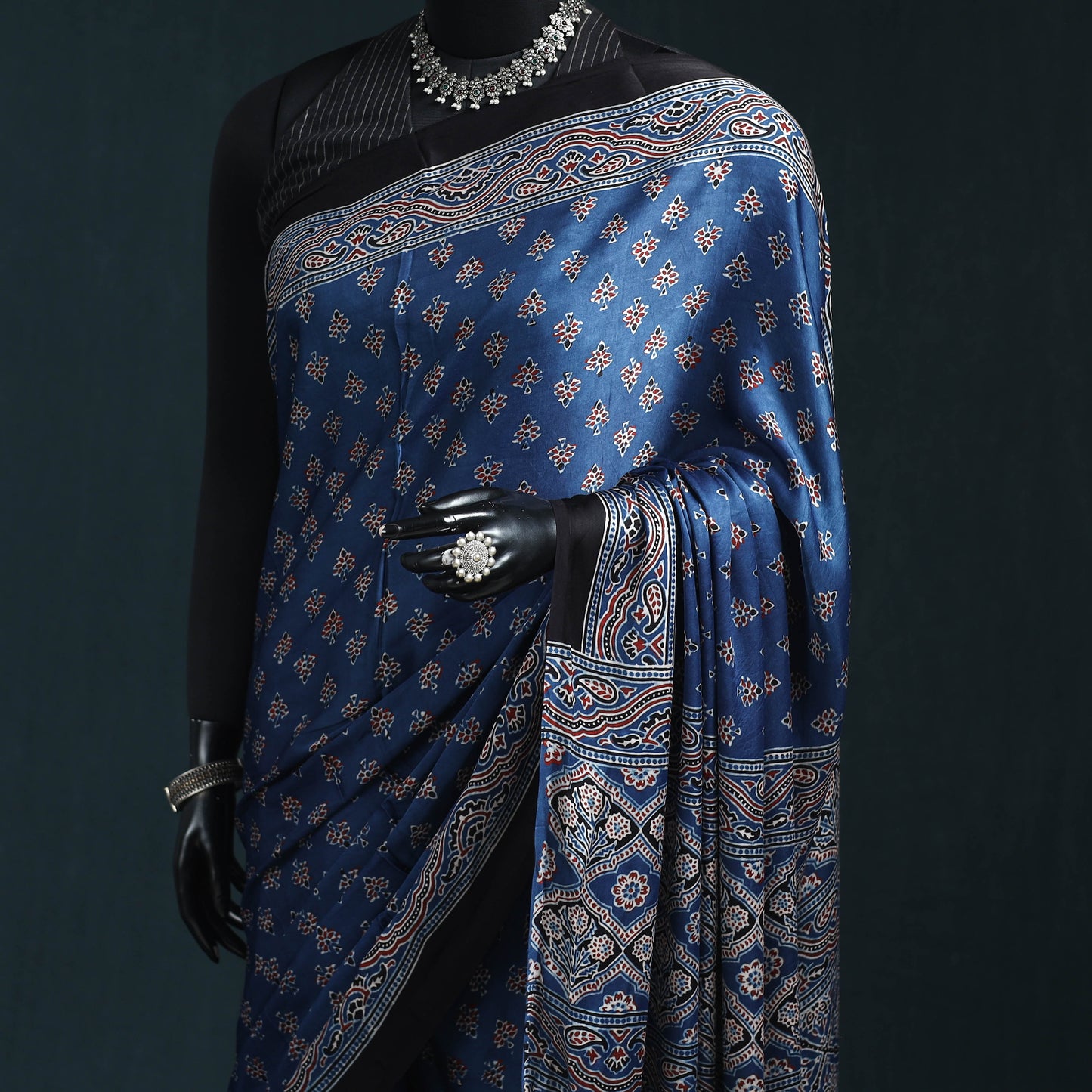Natural dyed modal silk kutch hand block print ajrakh saree