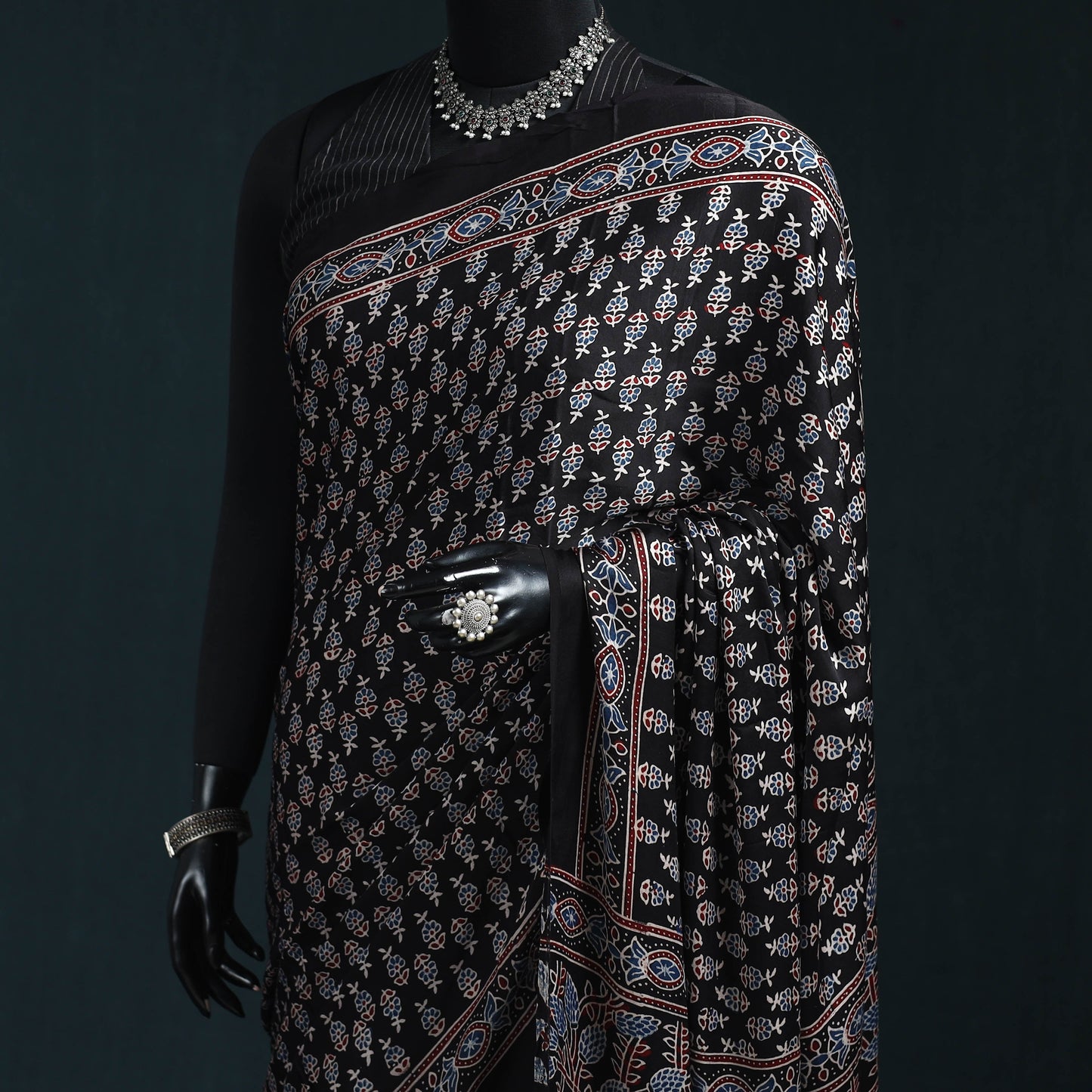 Natural dyed modal silk kutch hand block print ajrakh saree