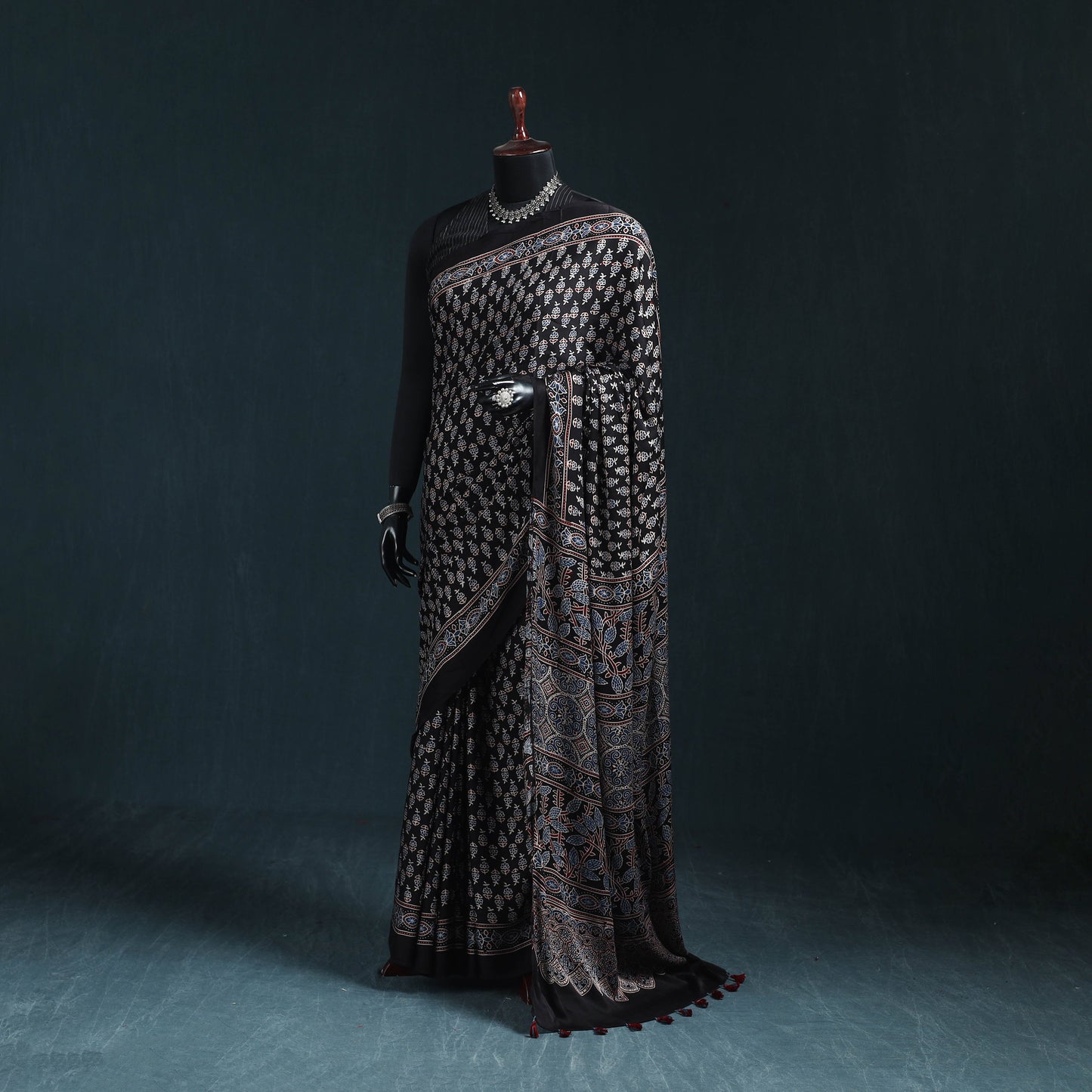 Natural dyed modal silk kutch hand block print ajrakh saree