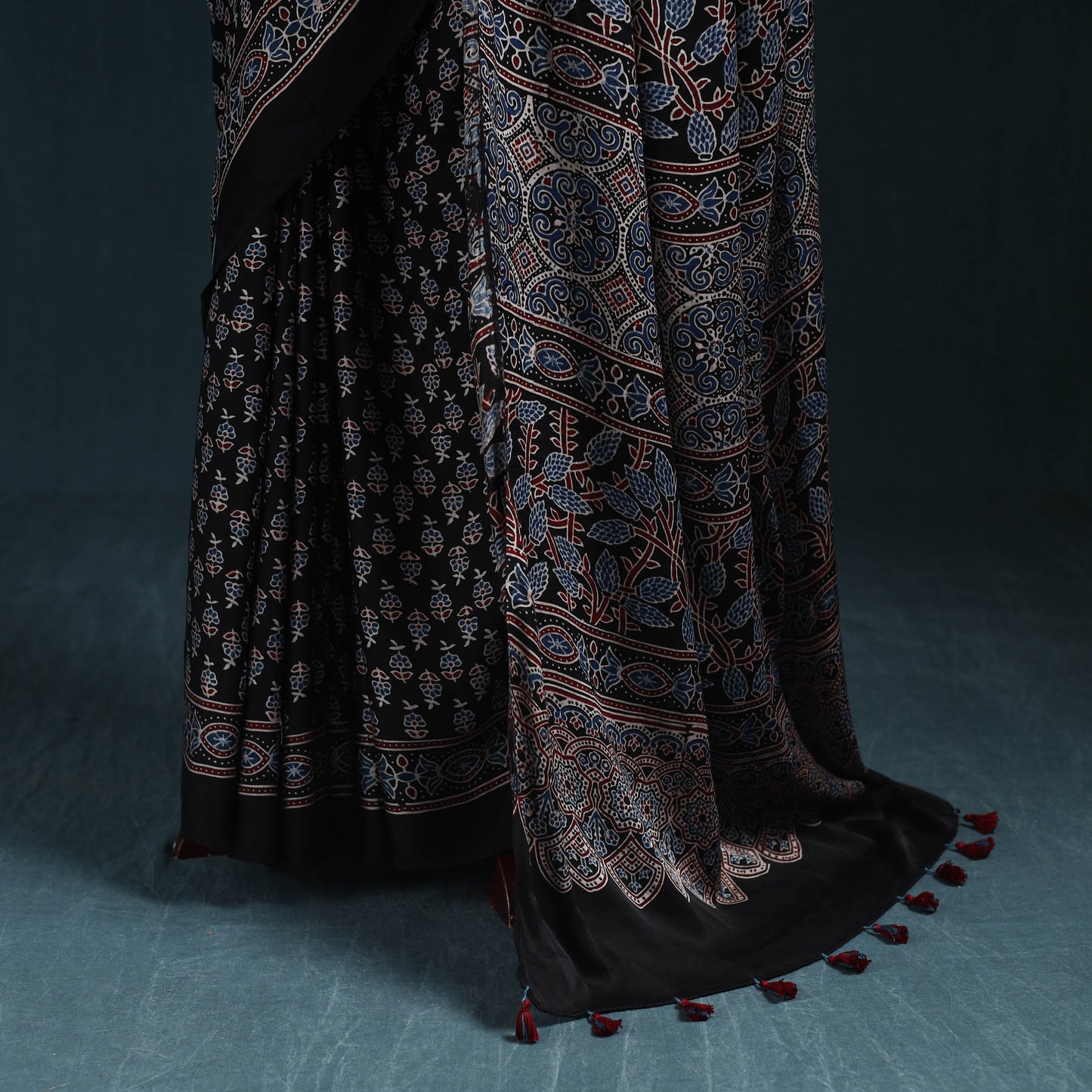 Natural dyed modal silk kutch hand block print ajrakh saree