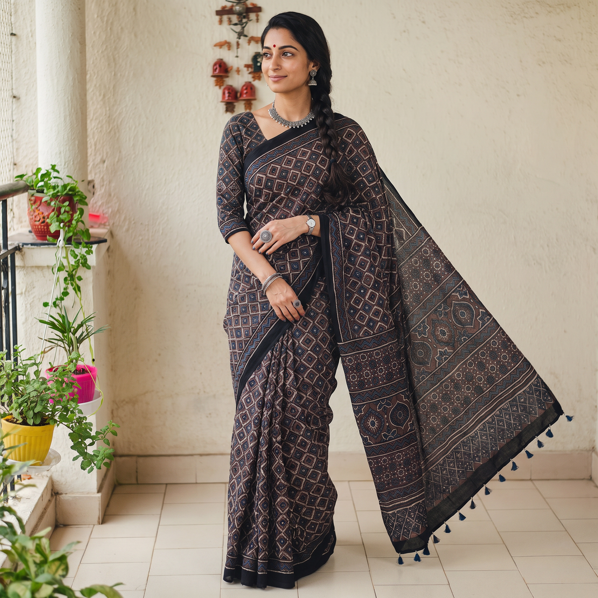 Brown Natural Dyed Modal Silk Kutch Hand Block Print Ajrakh Saree, draped and worn by a woman, AI visual of the saree, iTokri