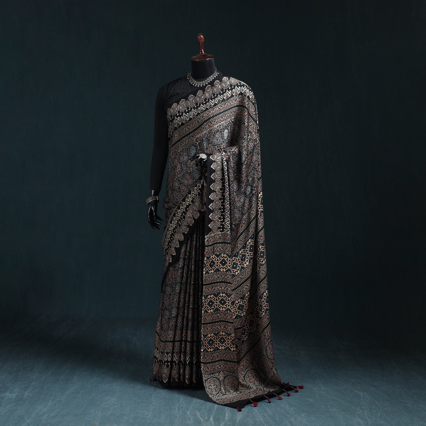 Natural dyed modal silk kutch hand block print ajrakh saree