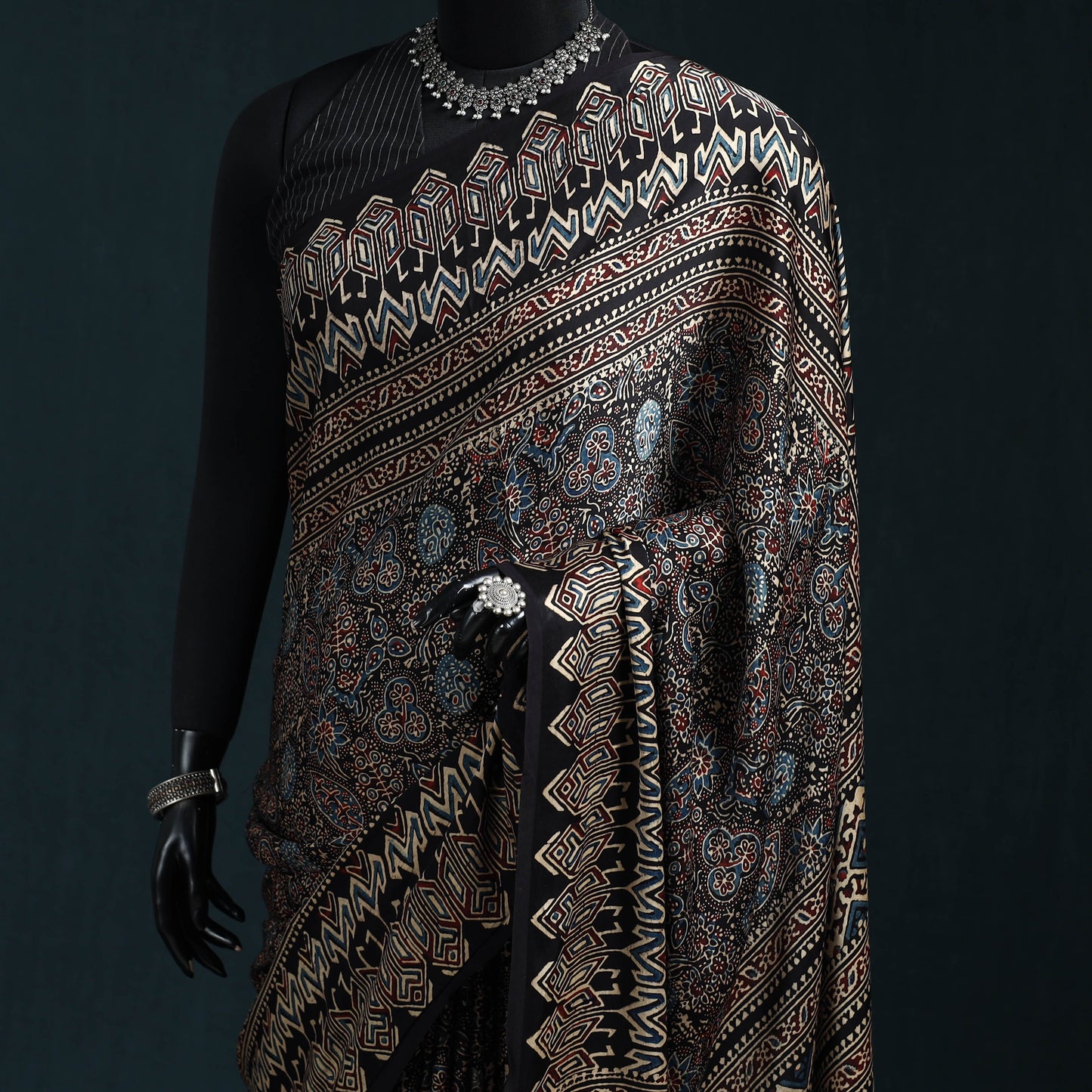 Natural dyed modal silk kutch hand block print ajrakh saree