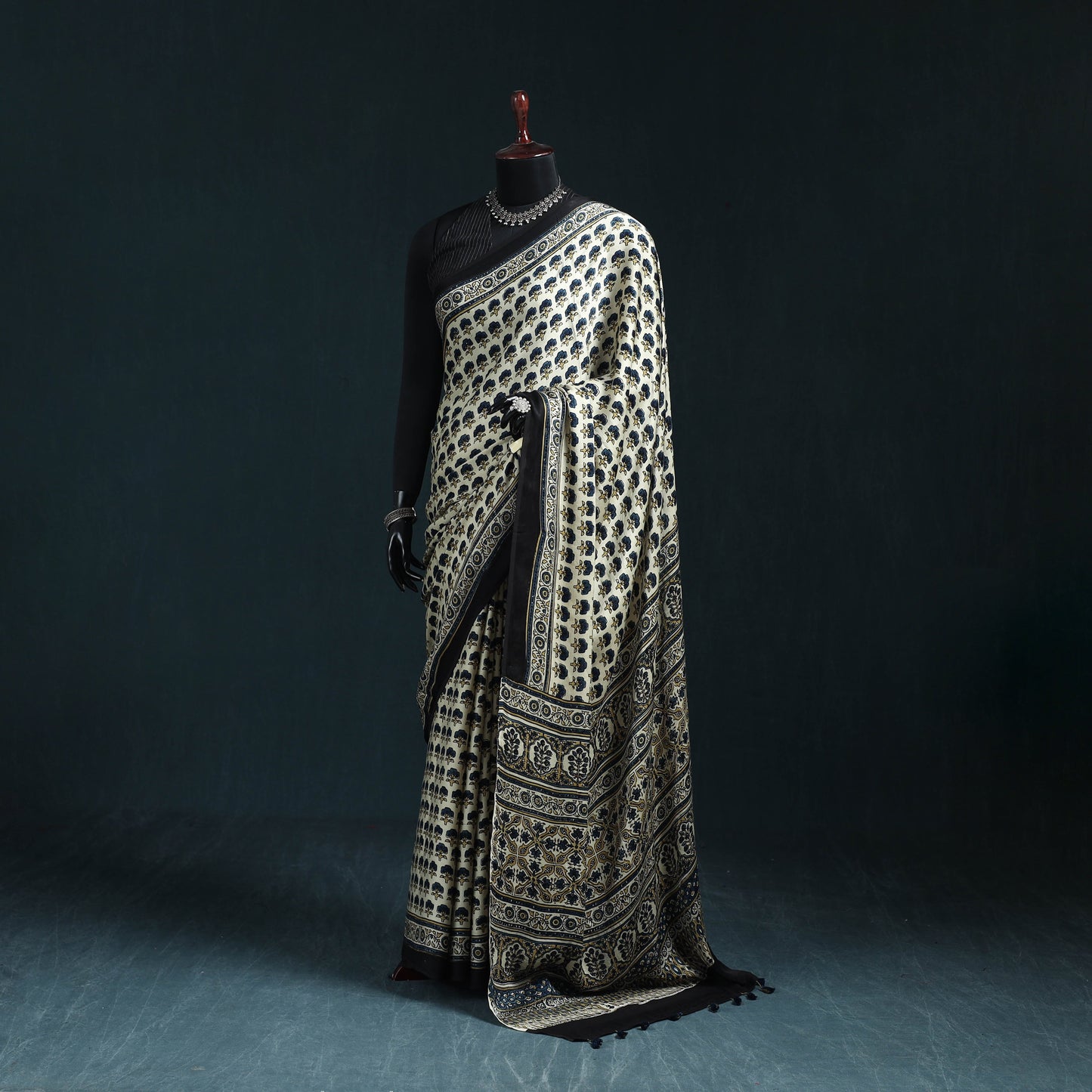 Natural dyed modal silk kutch hand block print ajrakh saree