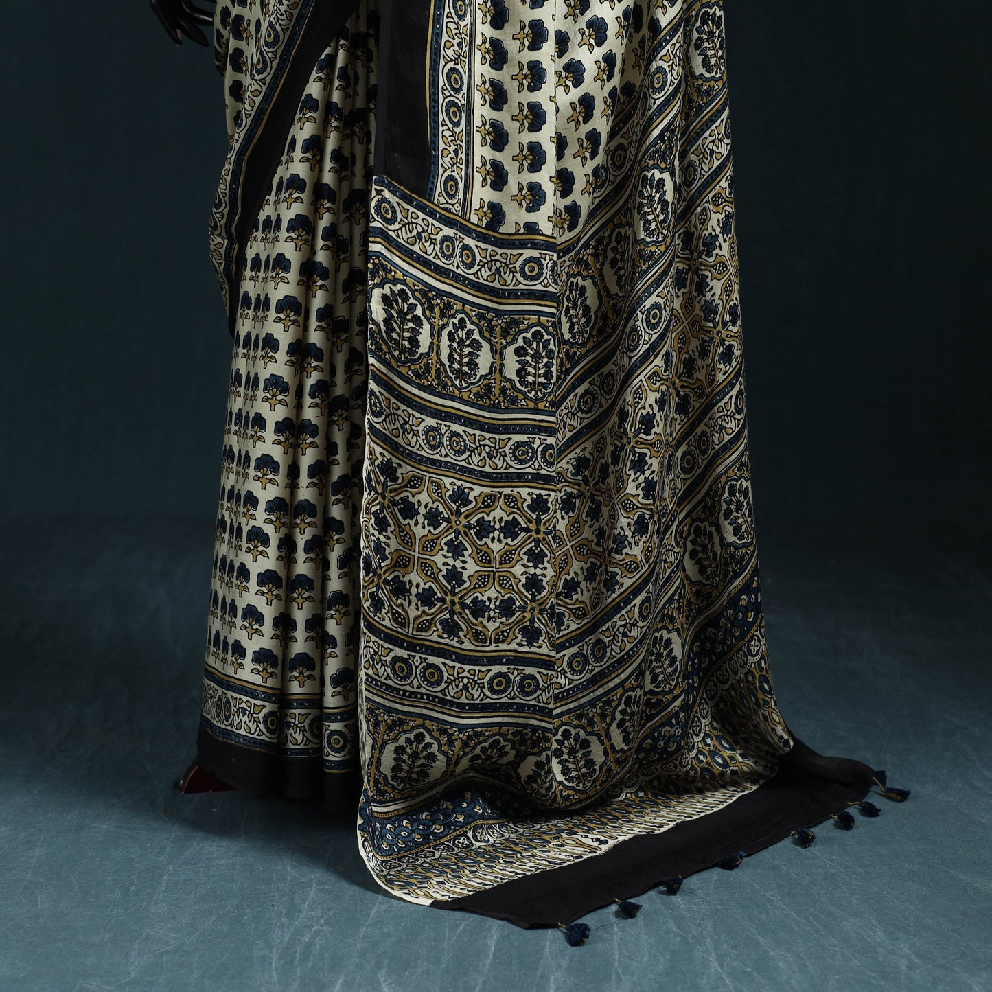 Natural dyed modal silk kutch hand block print ajrakh saree