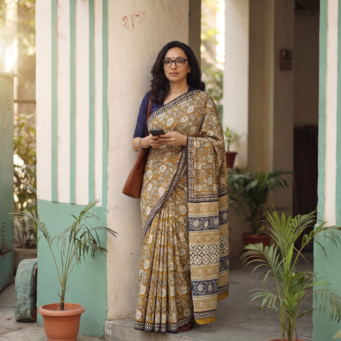 Yellow Natural Dyed Mul Cotton Hand Block Print Bagru Saree, draped and worn by a woman, AI visual of the saree, iTokri