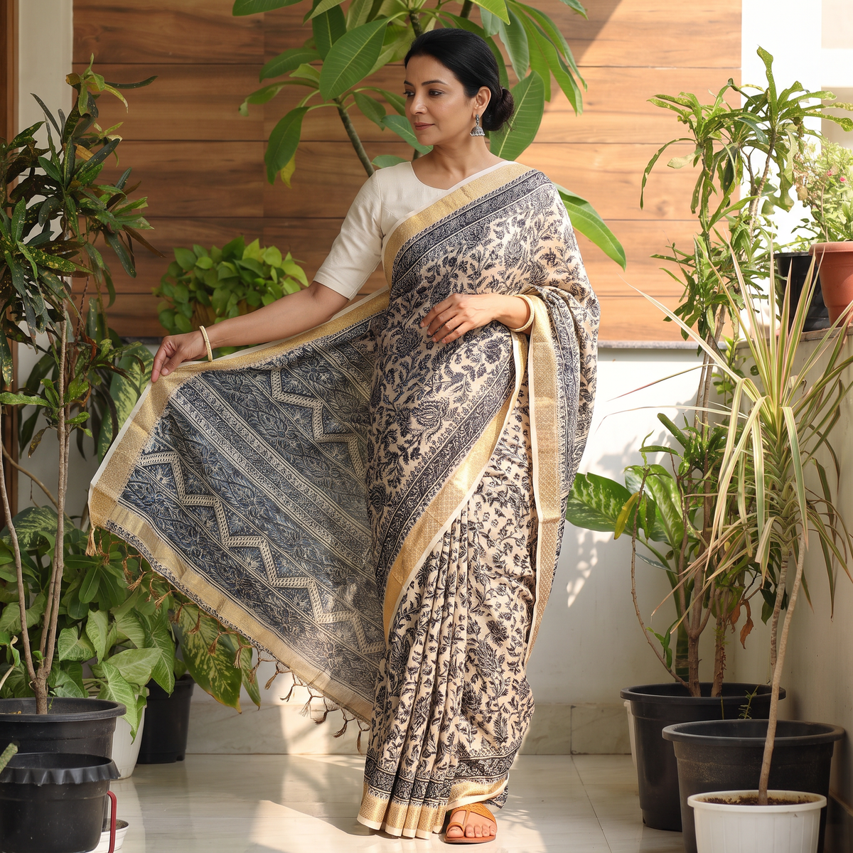 Black Natural Dyed Pedana Block Print Chanderi Silk Kalamkari Saree, draped and worn by a woman, AI visual of the saree, iTokri