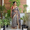 Black Natural Dyed Pedana Block Print Chanderi Silk Kalamkari Saree, draped and worn by a woman, AI visual of the saree, iTokri