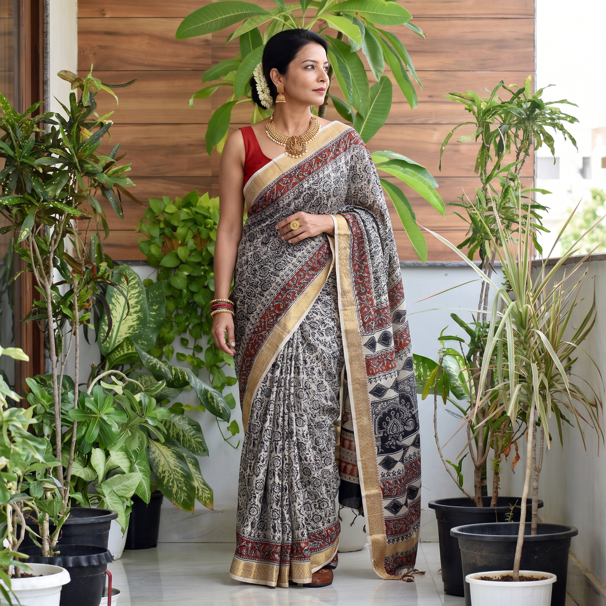 Black Natural Dyed Pedana Block Print Chanderi Silk Kalamkari Saree, draped and worn by a woman, AI visual of the saree, iTokri