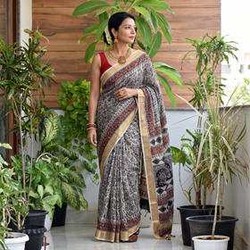 Black Natural Dyed Pedana Block Print Chanderi Silk Kalamkari Saree, draped and worn by a woman, AI visual of the saree, iTokri