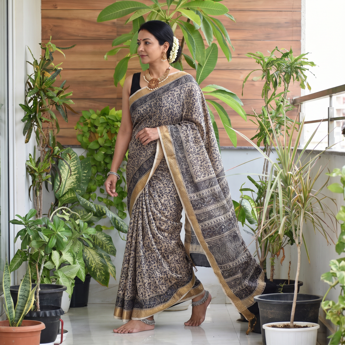 Black Natural Dyed Pedana Block Print Chanderi Silk Kalamkari Saree, draped and worn by a woman, AI visual of the saree, iTokri