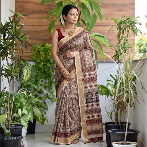 Brown Natural Dyed Pedana Block Print Chanderi Silk Kalamkari Saree, draped and worn by a woman, AI visual of the saree, iTokri