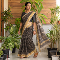 Black Natural Dyed Pedana Block Print Chanderi Silk Kalamkari Saree, draped and worn by a woman, AI visual of the saree, iTokri
