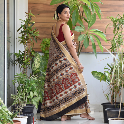 Multicolor Natural Dyed Pedana Block Print Chanderi Silk Kalamkari Saree, draped and worn by a woman, AI visual of the saree, iTokri
