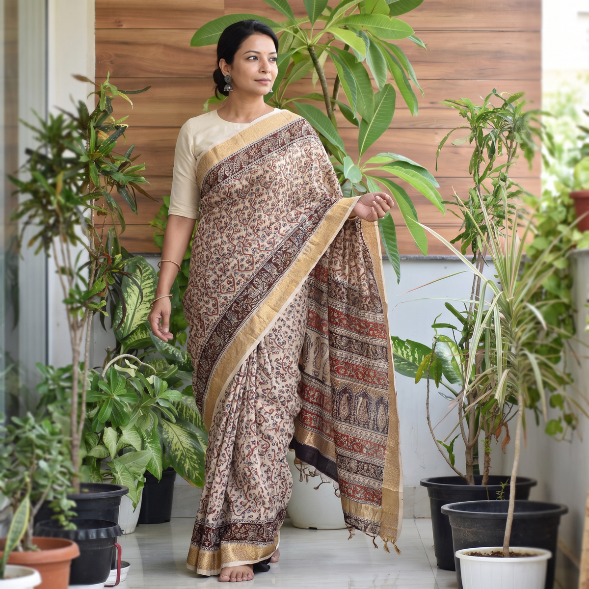 Brown Natural Dyed Pedana Block Print Chanderi Silk Kalamkari Saree, draped and worn by a woman, AI visual of the saree, iTokri