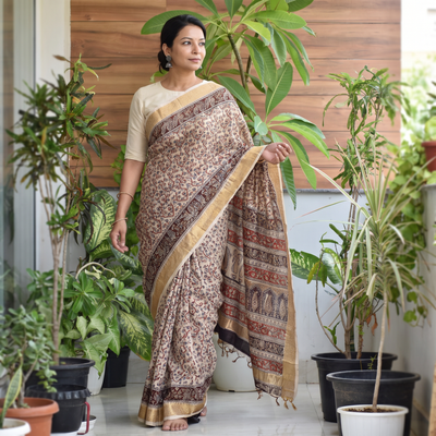 Brown Natural Dyed Pedana Block Print Chanderi Silk Kalamkari Saree, draped and worn by a woman, AI visual of the saree, iTokri