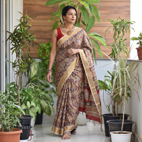 Brown Natural Dyed Pedana Block Print Chanderi Silk Kalamkari Saree, draped and worn by a woman, AI visual of the saree, iTokri