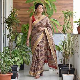 Brown Natural Dyed Pedana Block Print Chanderi Silk Kalamkari Saree, draped and worn by a woman, AI visual of the saree, iTokri