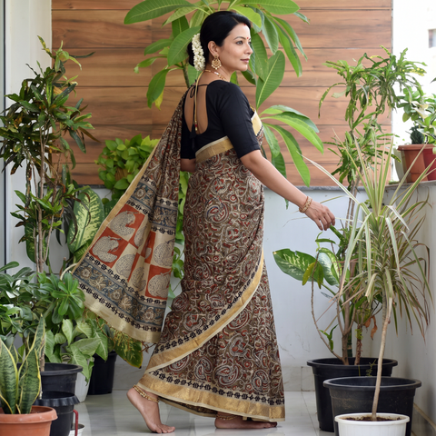 Multicolor Natural Dyed Pedana Block Print Chanderi Silk Kalamkari Saree, draped and worn by a woman, AI visual of the saree, iTokri