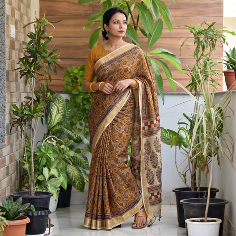 Brown Natural Dyed Pedana Block Print Chanderi Silk Kalamkari Saree, draped and worn by a woman, AI visual of the saree, iTokri